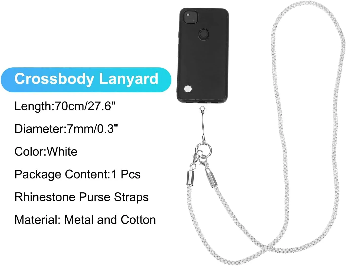 uxcell Phone Crossbody Lanyard, 27.6" Crystal Phone Lanyard Bling Shoulder Strap Phone Bag Handbag Strap Universal Cell Phone Chain for Phone Handbag Wallet, White