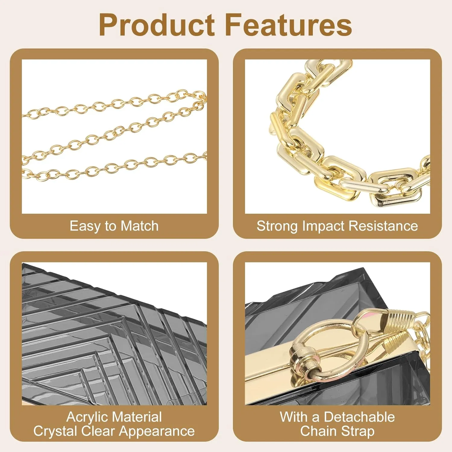 uxcell Women Acrylic Clear Clutch Purses Evening Handbag Crossbody Bag with Chain for Wedding Prom Party, Black/Gold