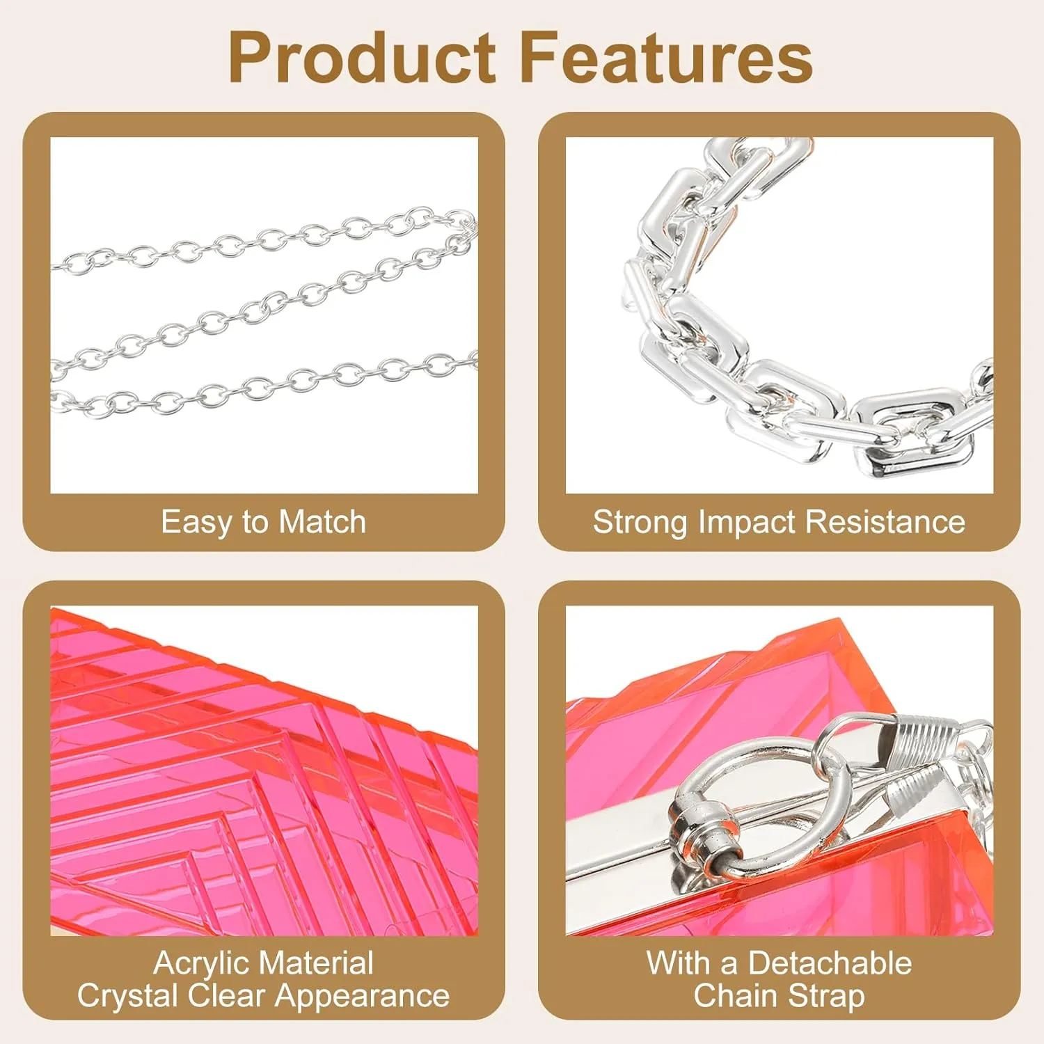 uxcell Women Acrylic Clear Clutch Purses Evening Handbag Crossbody Bag with Chain for Wedding Prom Party, Pink/Silver
