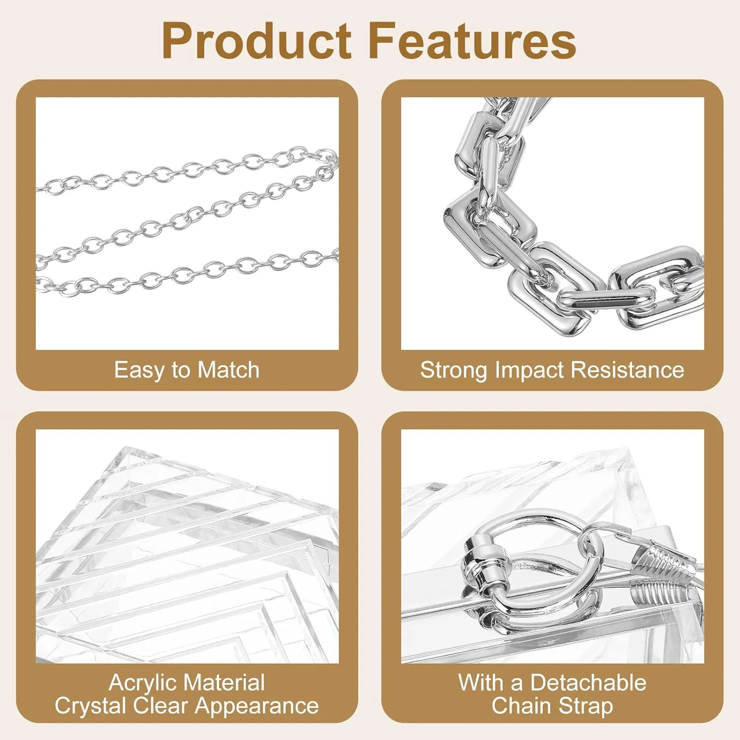 uxcell Women Acrylic Clear Clutch Purses Evening Handbag Crossbody Bag with Chain for Wedding Prom Party, Transparent/Silver
