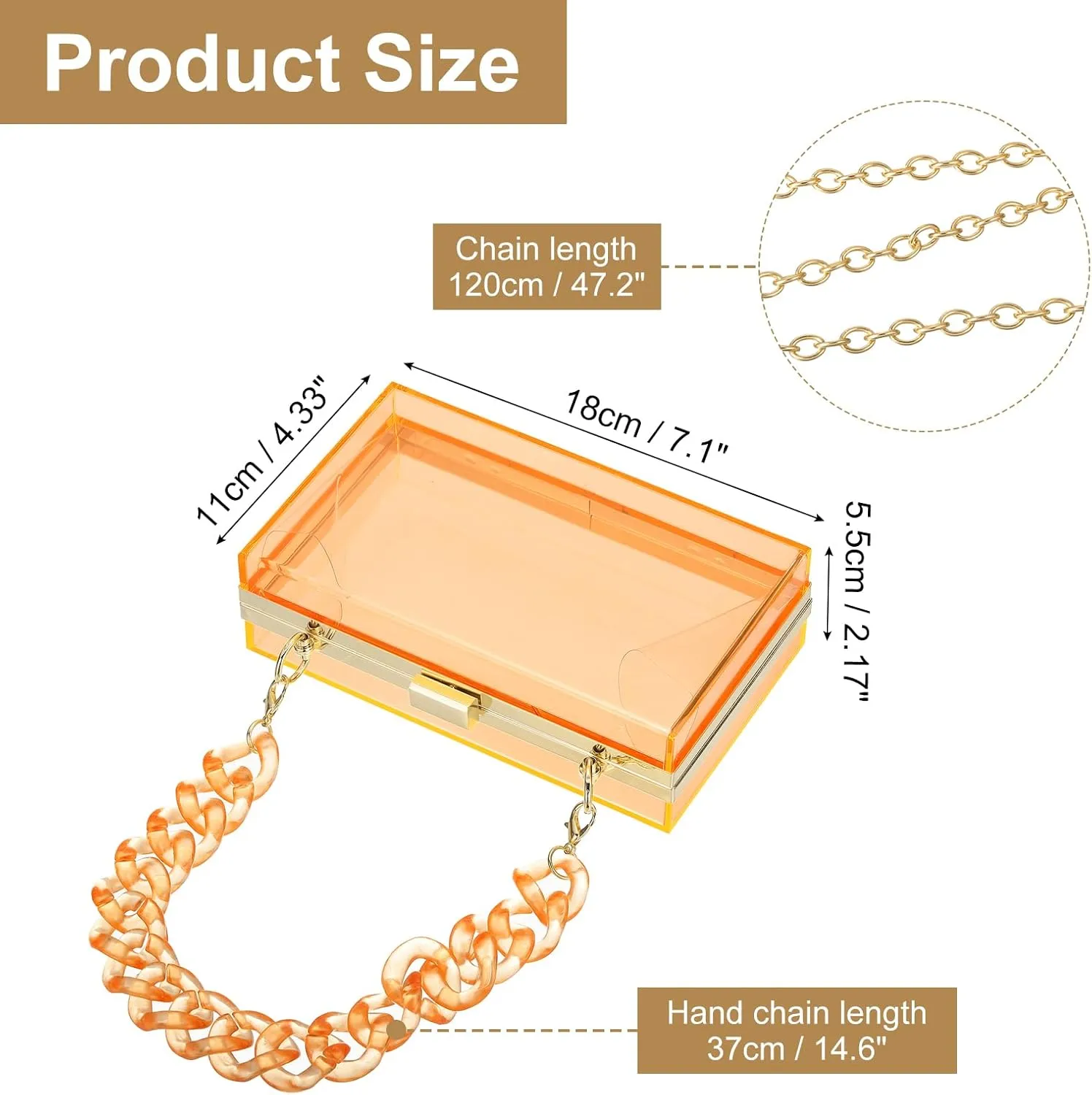 uxcell Women Acrylic Clear Clutch Purses Square Evening Handbag Crossbody Bag with Chain for Wedding Prom Party, Orange/Gold