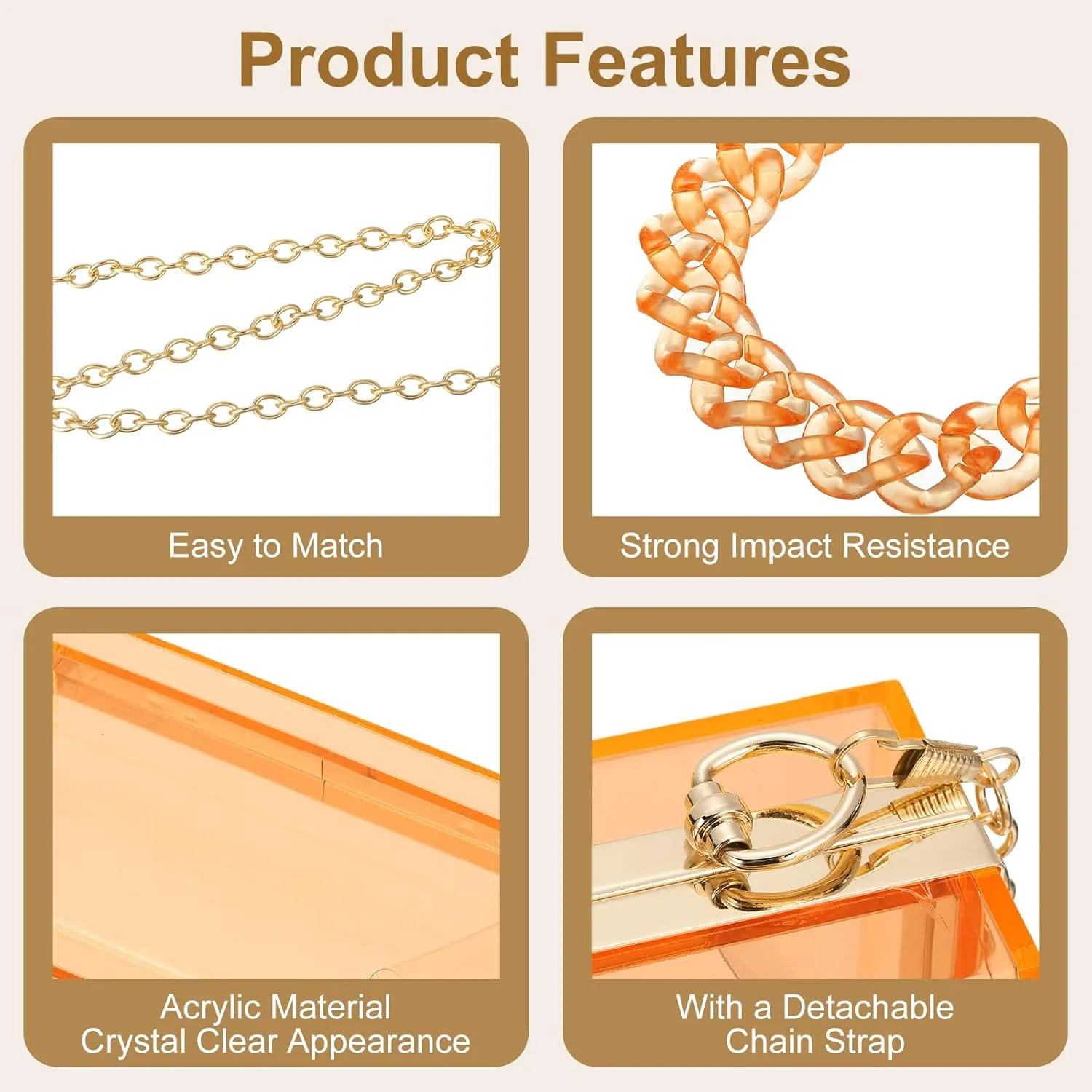 uxcell Women Acrylic Clear Clutch Purses Square Evening Handbag Crossbody Bag with Chain for Wedding Prom Party, Orange/Gold