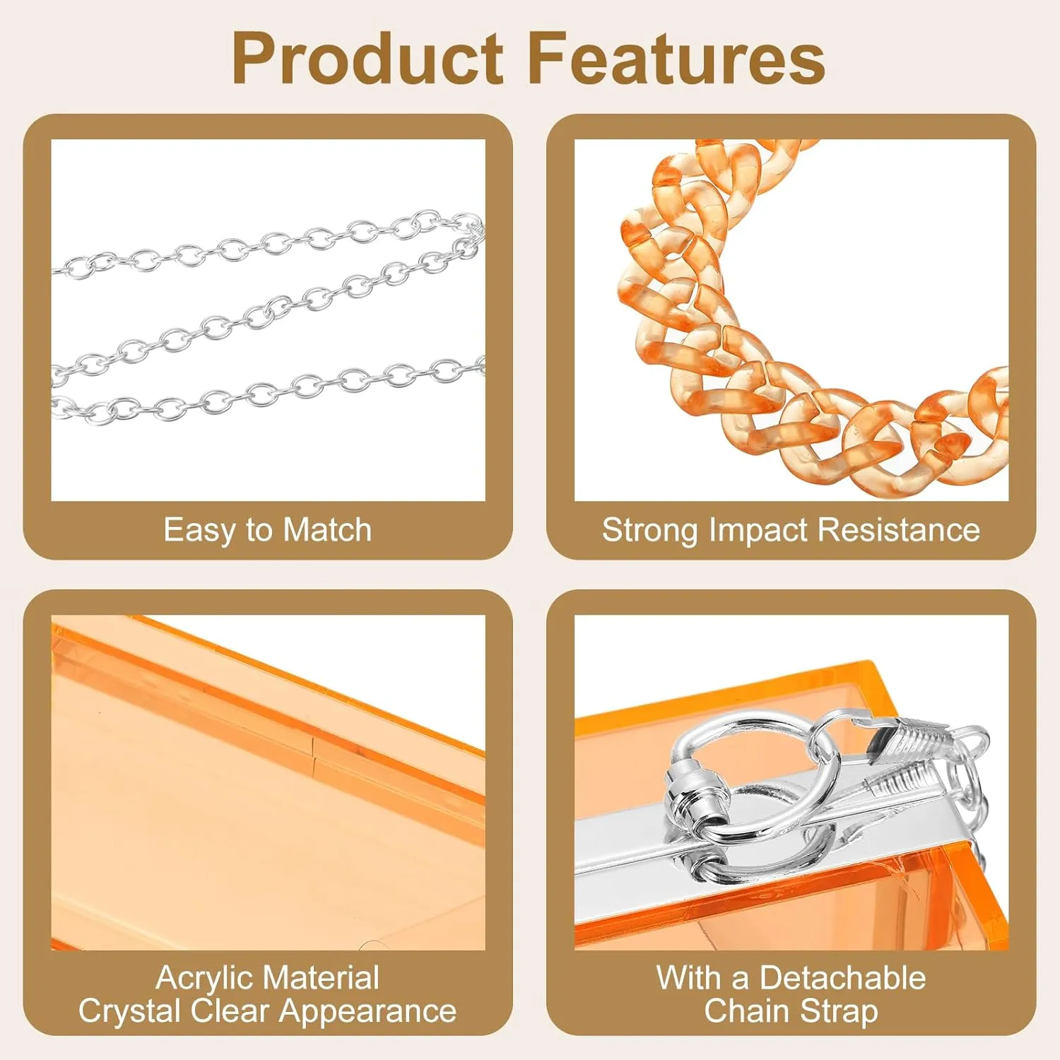 uxcell Women Acrylic Clear Clutch Purses Square Evening Handbag Crossbody Bag with Chain for Wedding Prom Party, Orange/Silver