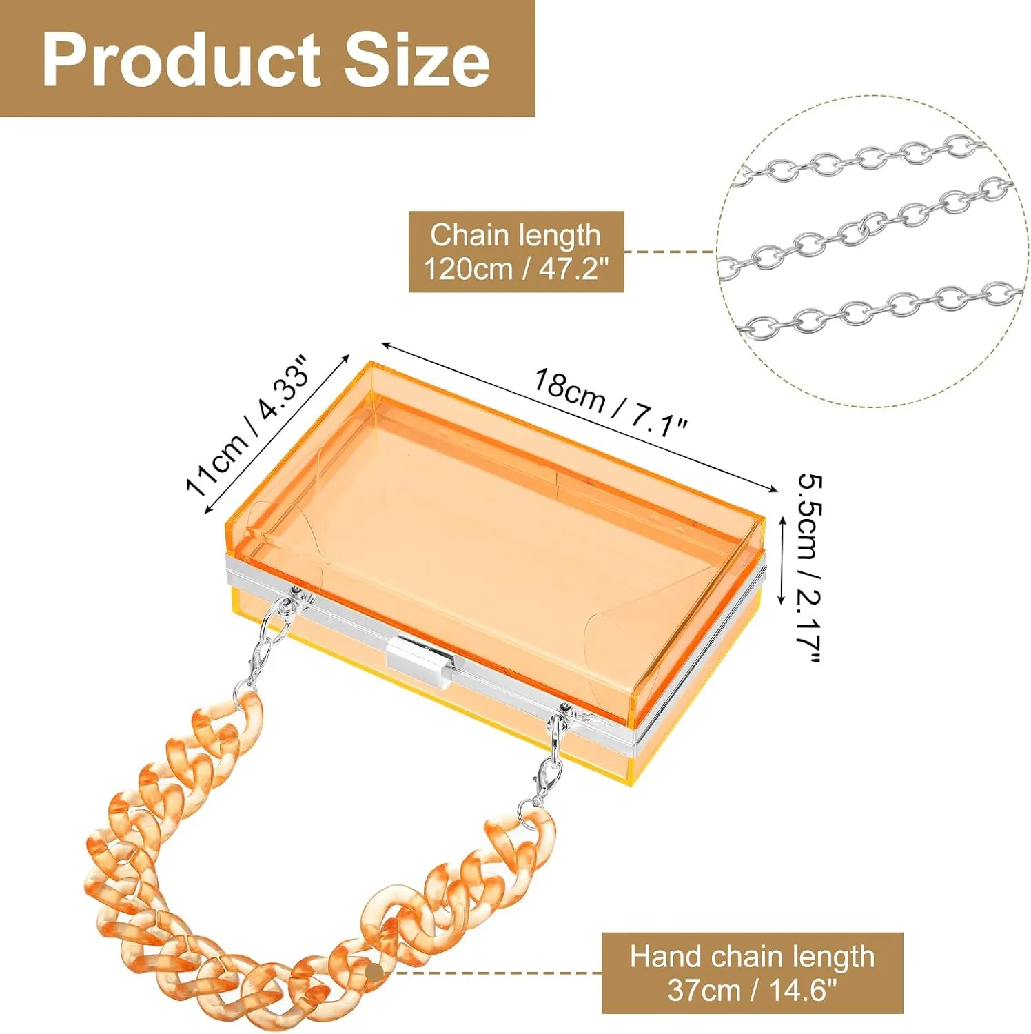 uxcell Women Acrylic Clear Clutch Purses Square Evening Handbag Crossbody Bag with Chain for Wedding Prom Party, Orange/Silver
