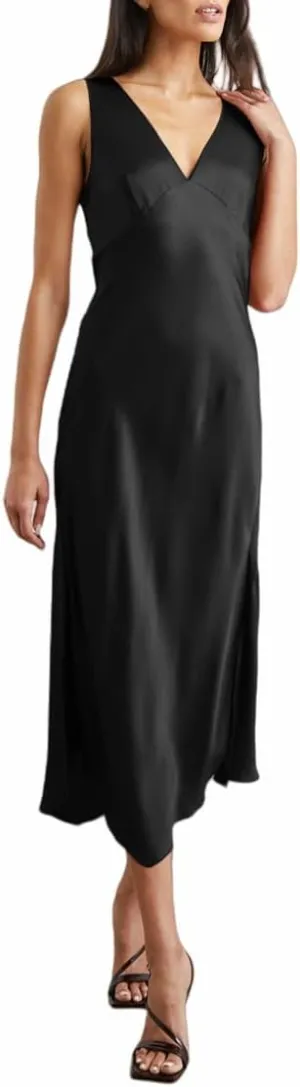 V Neck Satin Formal Midi Dress for Women Wedding Guest Cocktail Party 2025