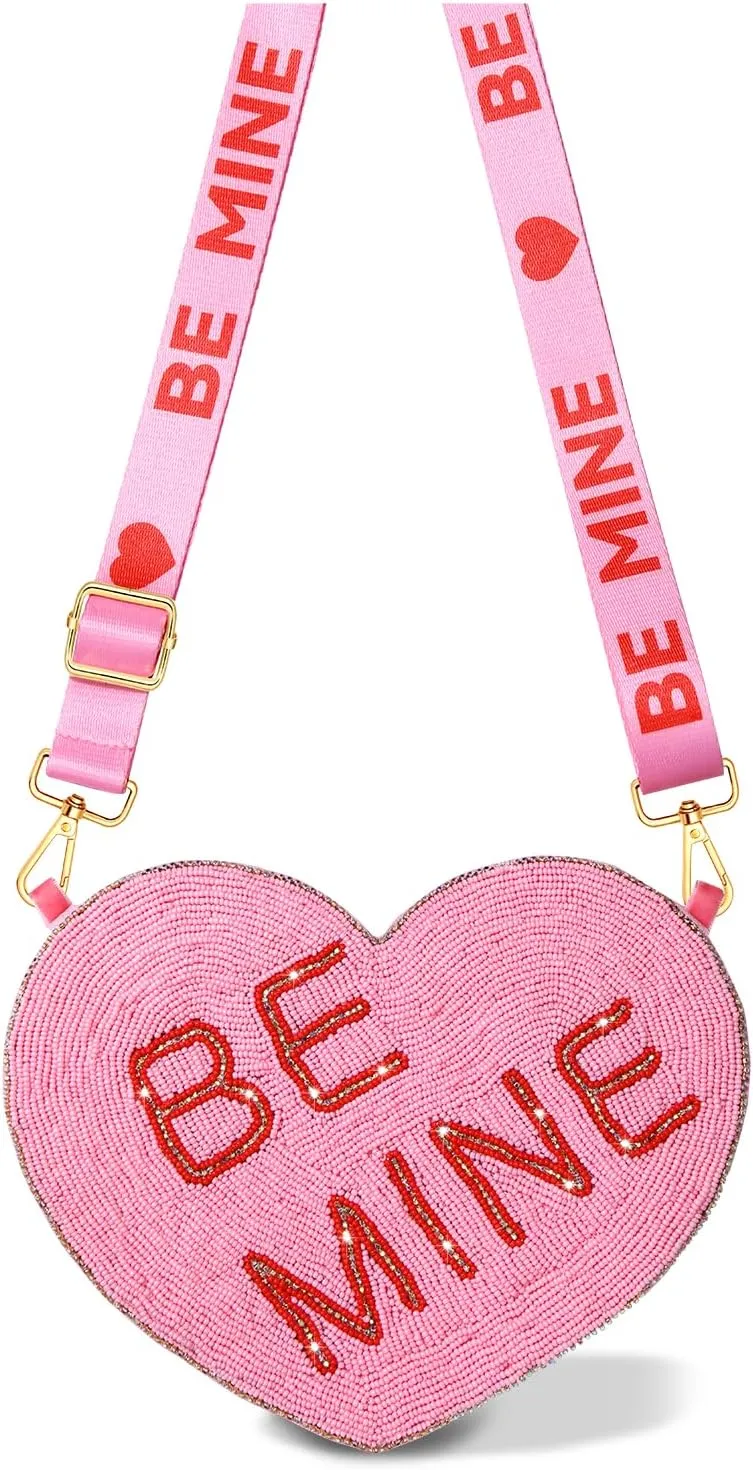 Valentine’s Day Heart Purse for Women Girls Red Pink Beaded Heart Crossbody Bag LOVE XOXO Heart Shoulder Bag Gifts