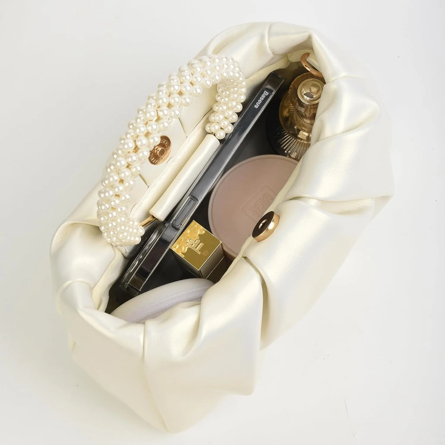 Valleycomfy Evening Clutch Pearl Purses for Women Ladies Soft Leather Ruched Crossbody Bags Shoulder Bag for Party Wedding