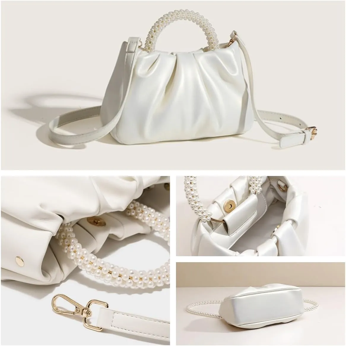 Valleycomfy Evening Clutch Pearl Purses for Women Ladies Soft Leather Ruched Crossbody Bags Shoulder Bag for Party Wedding