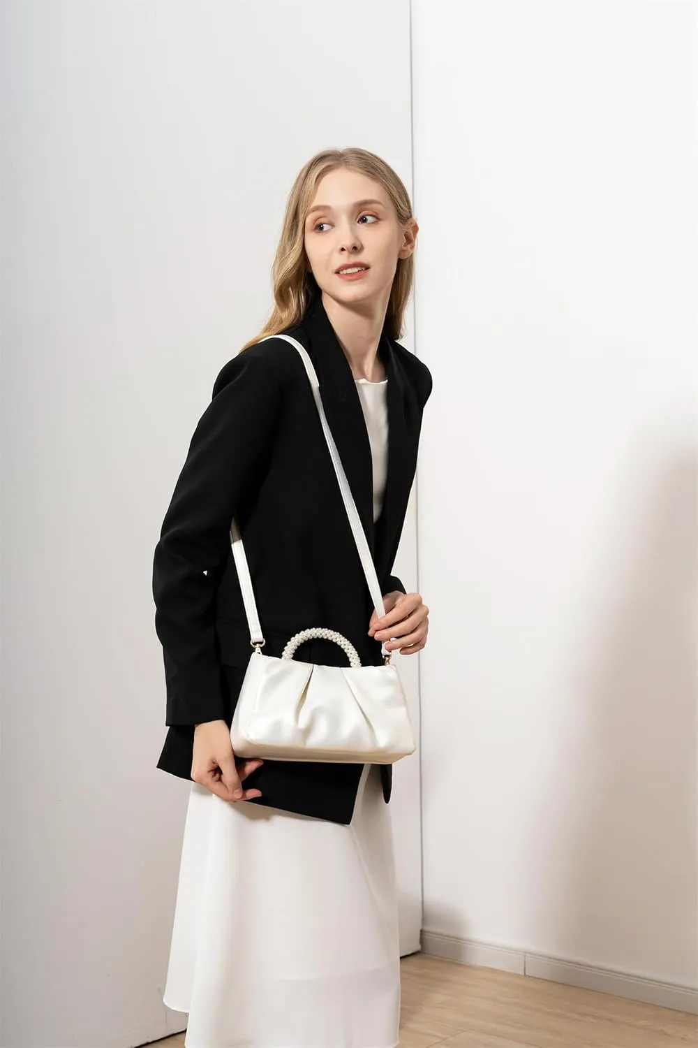 Valleycomfy Evening Clutch Pearl Purses for Women Ladies Soft Leather Ruched Crossbody Bags Shoulder Bag for Party Wedding