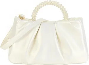 Valleycomfy Evening Clutch Pearl Purses for Women Ladies Soft Leather Ruched Crossbody Bags Shoulder Bag for Party Wedding