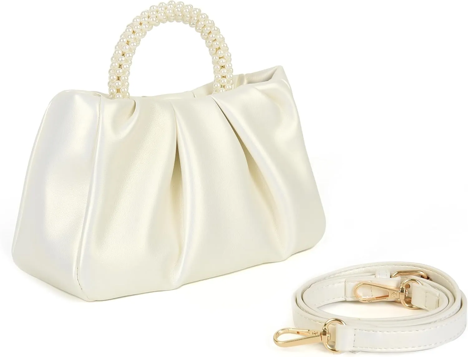 Valleycomfy Evening Clutch Pearl Purses for Women Ladies Soft Leather Ruched Crossbody Bags Shoulder Bag for Party Wedding