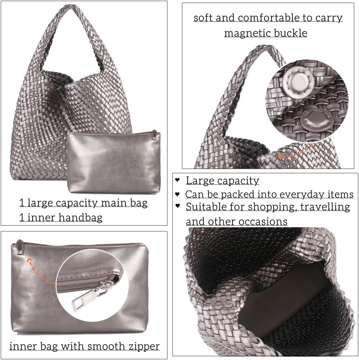 Vegan Leather Hand Woven Tote Handbag Shoulder Bag and Woven Purses Large Shopper Bag for Women