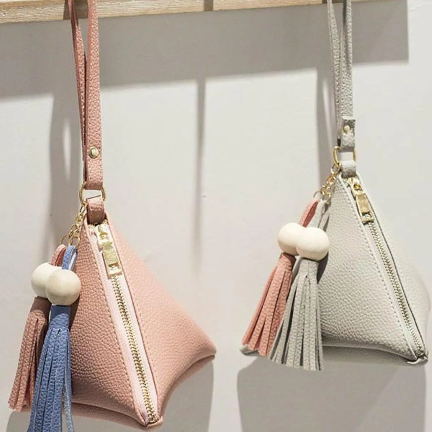 Vegan Leather Triangle Wristlet Clutch Purse Handbag - Evening Cocktail Pouch Pyramid Wallet Tassel Charm & Detachable Strip (Clutch Wristlet Hobo Handbags)