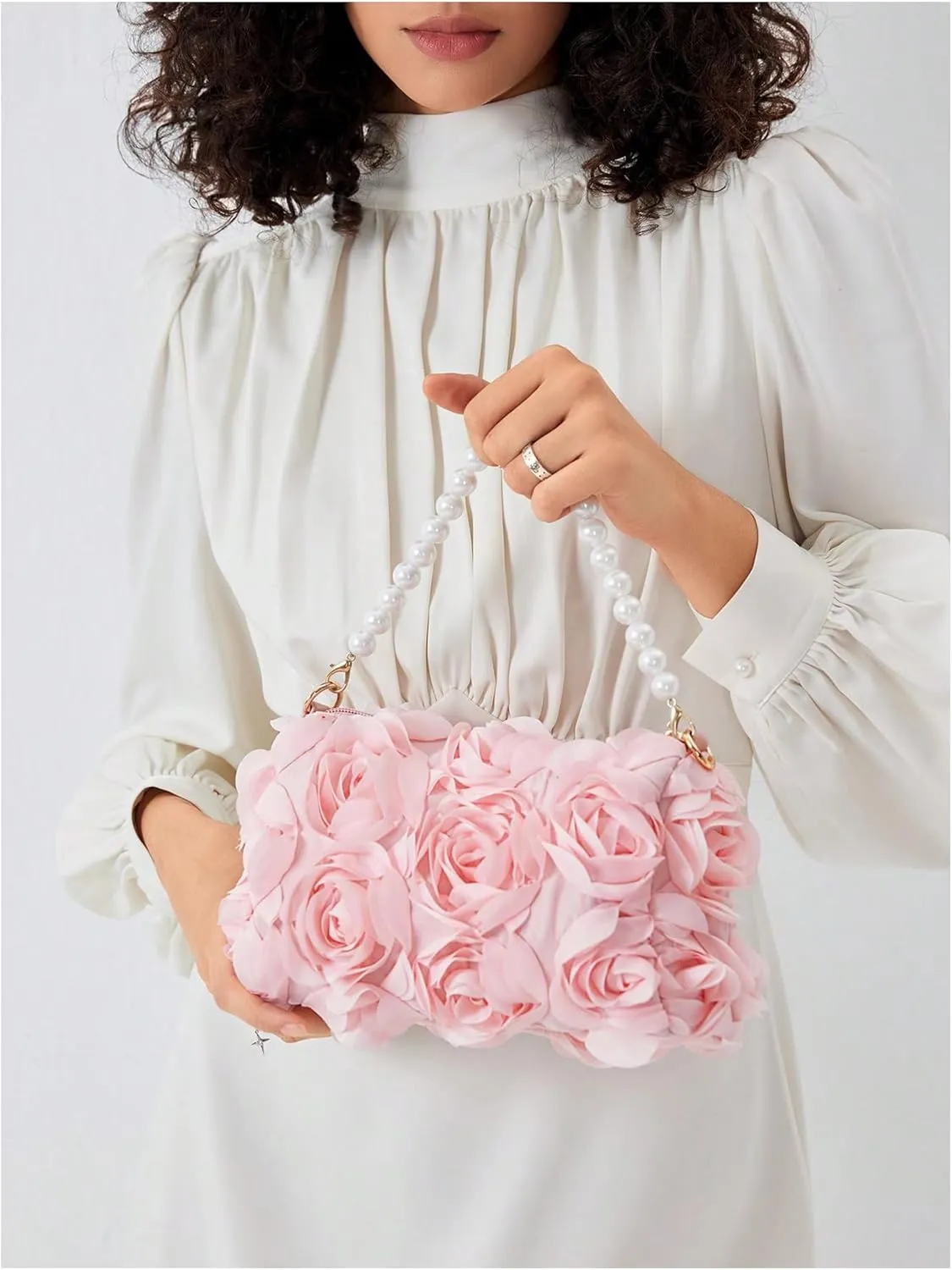 Verdusa Women's 3D Flower Pearl Top Handle Clutch Purses Evening Handbags Crossbody Bag