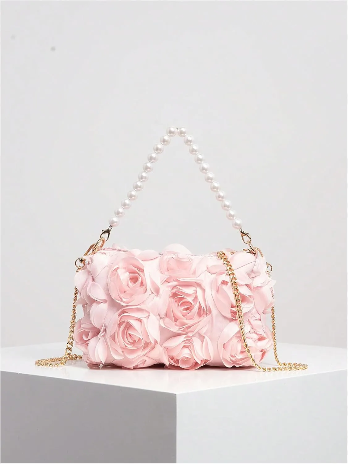 Verdusa Women's 3D Flower Pearl Top Handle Clutch Purses Evening Handbags Crossbody Bag