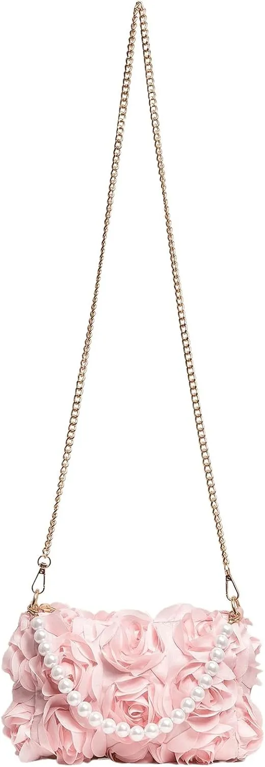Verdusa Women's 3D Flower Pearl Top Handle Clutch Purses Evening Handbags Crossbody Bag