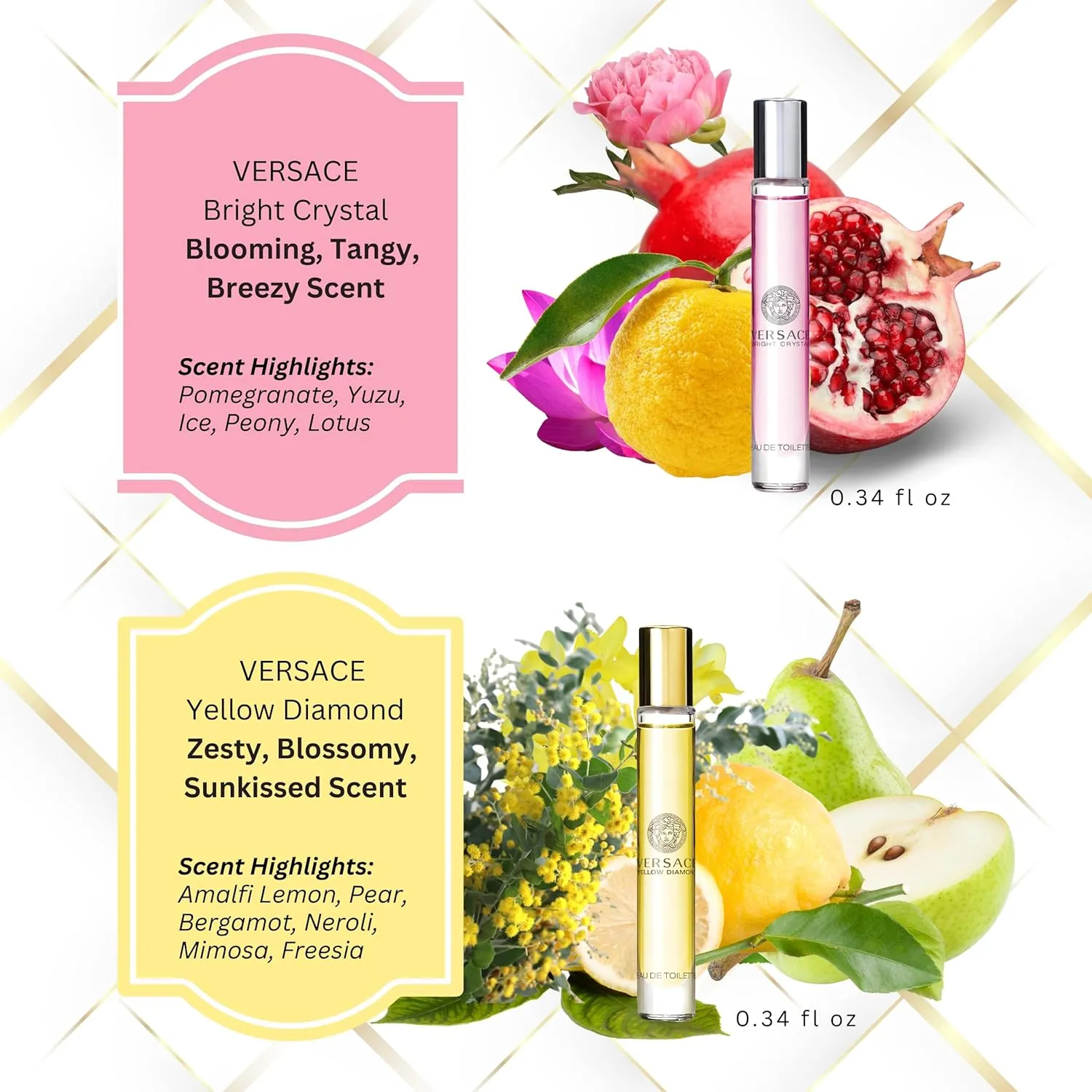 Versace Bright Crystal & Yellow Diamond Perfumes for Women – Mini Travel Spray Gift Set – 0.33 Ounce Each