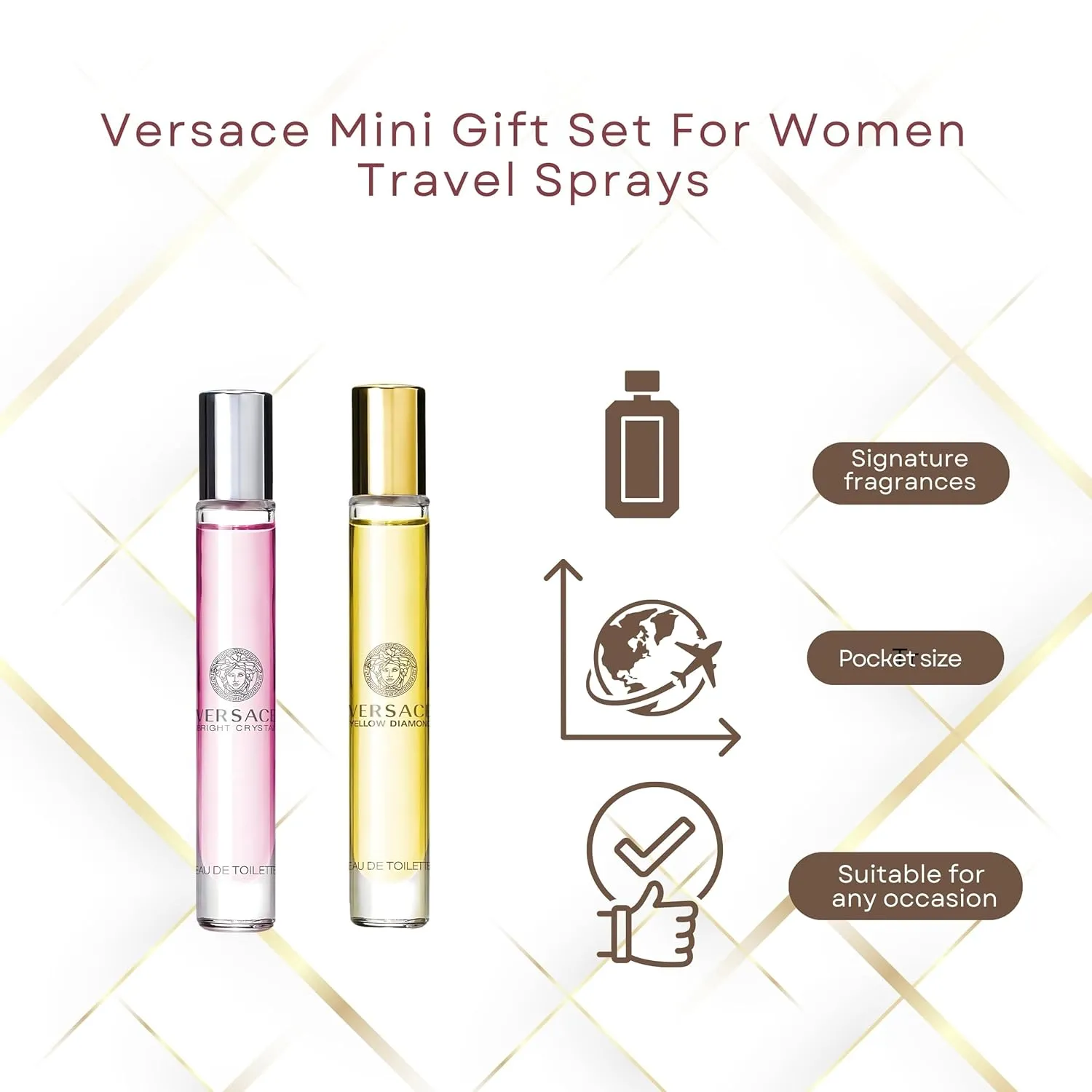 Versace Bright Crystal & Yellow Diamond Perfumes for Women – Mini Travel Spray Gift Set – 0.33 Ounce Each