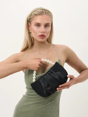 Victoria Satin Pearl Strap Bag in Black