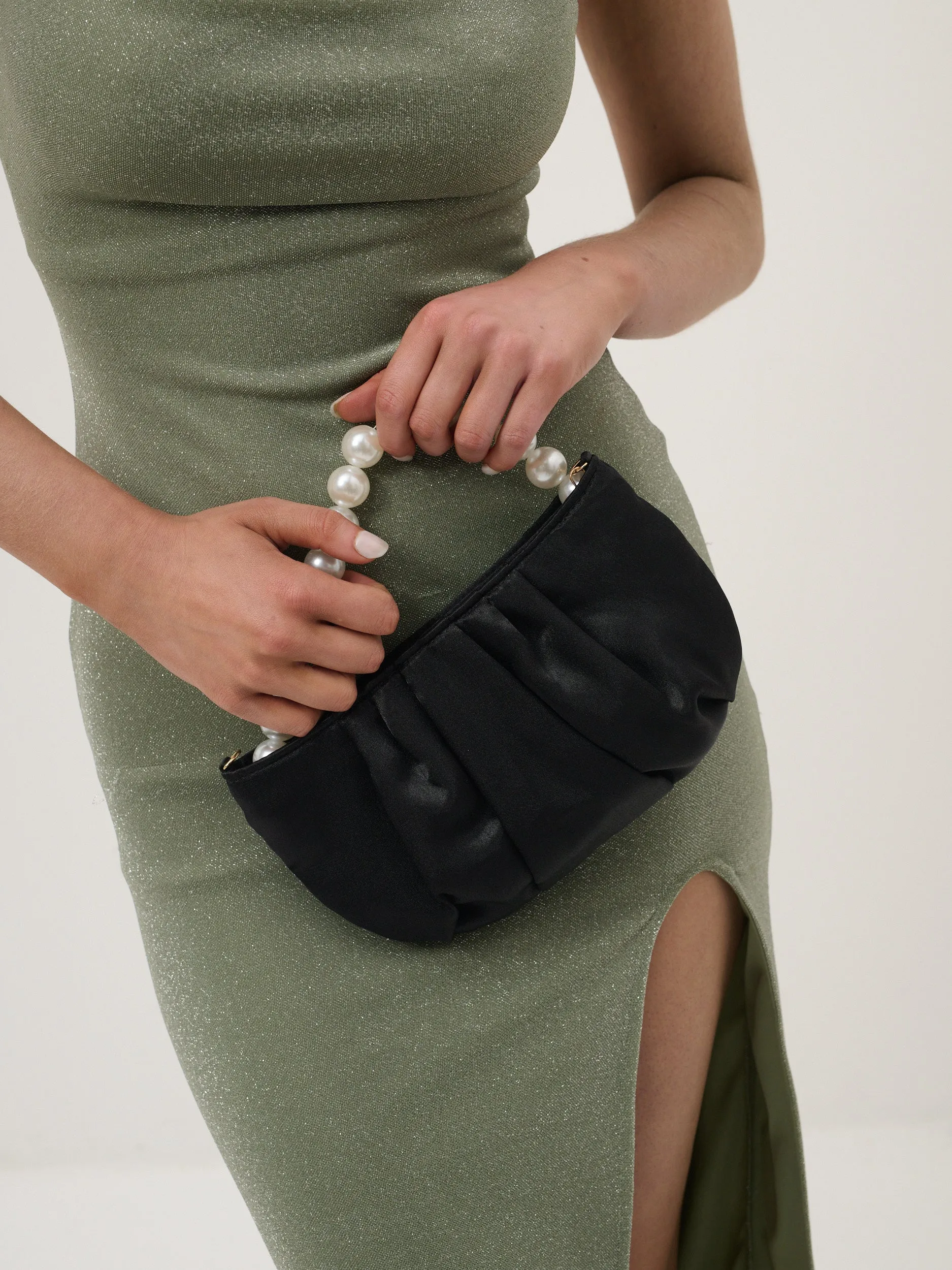 Victoria Satin Pearl Strap Bag in Black