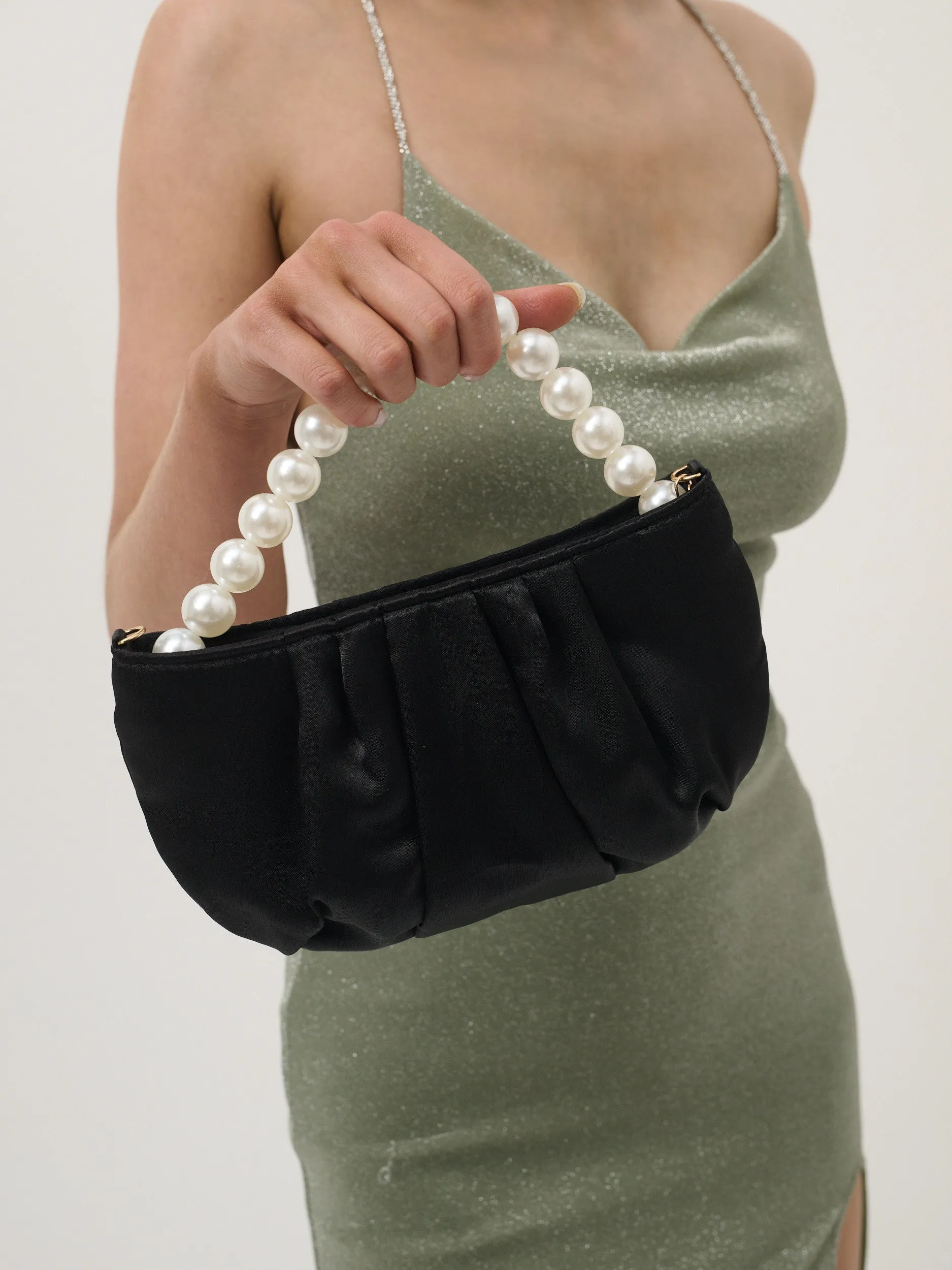 Victoria Satin Pearl Strap Bag in Black