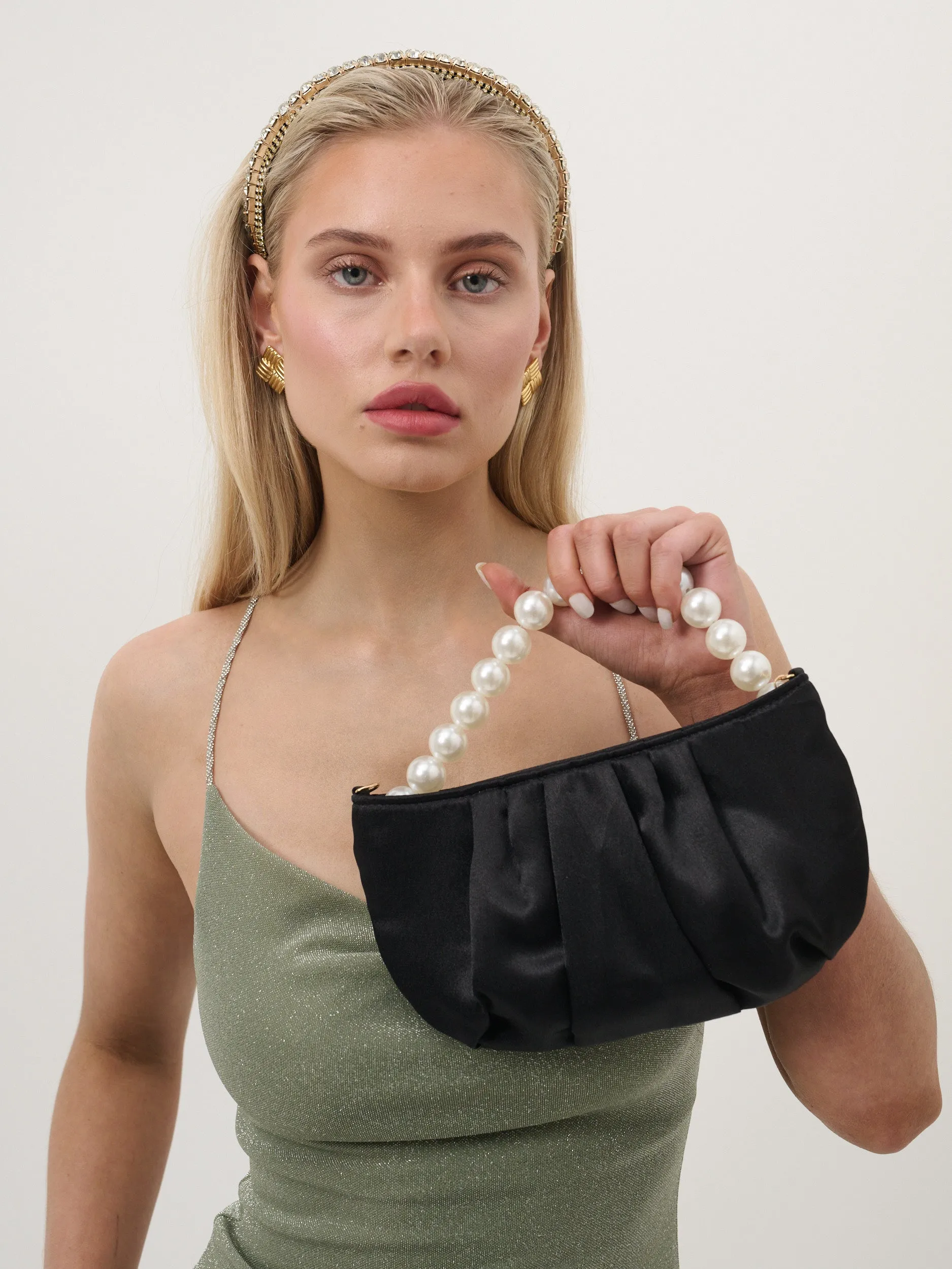 Victoria Satin Pearl Strap Bag in Black