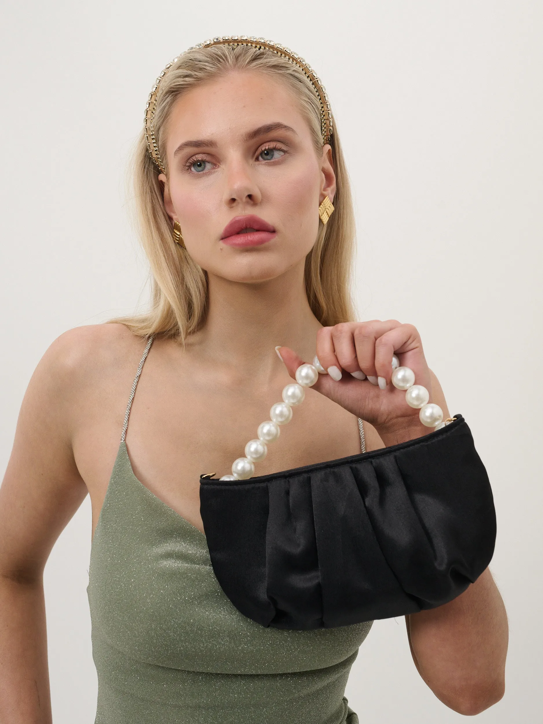 Victoria Satin Pearl Strap Bag in Black