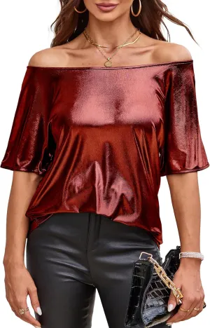 VIDUSSA Women's Off Shoulder Tops Sequin Sparkly Glitter Casual Loose Shirts Short Sleeve Tunic Blouses