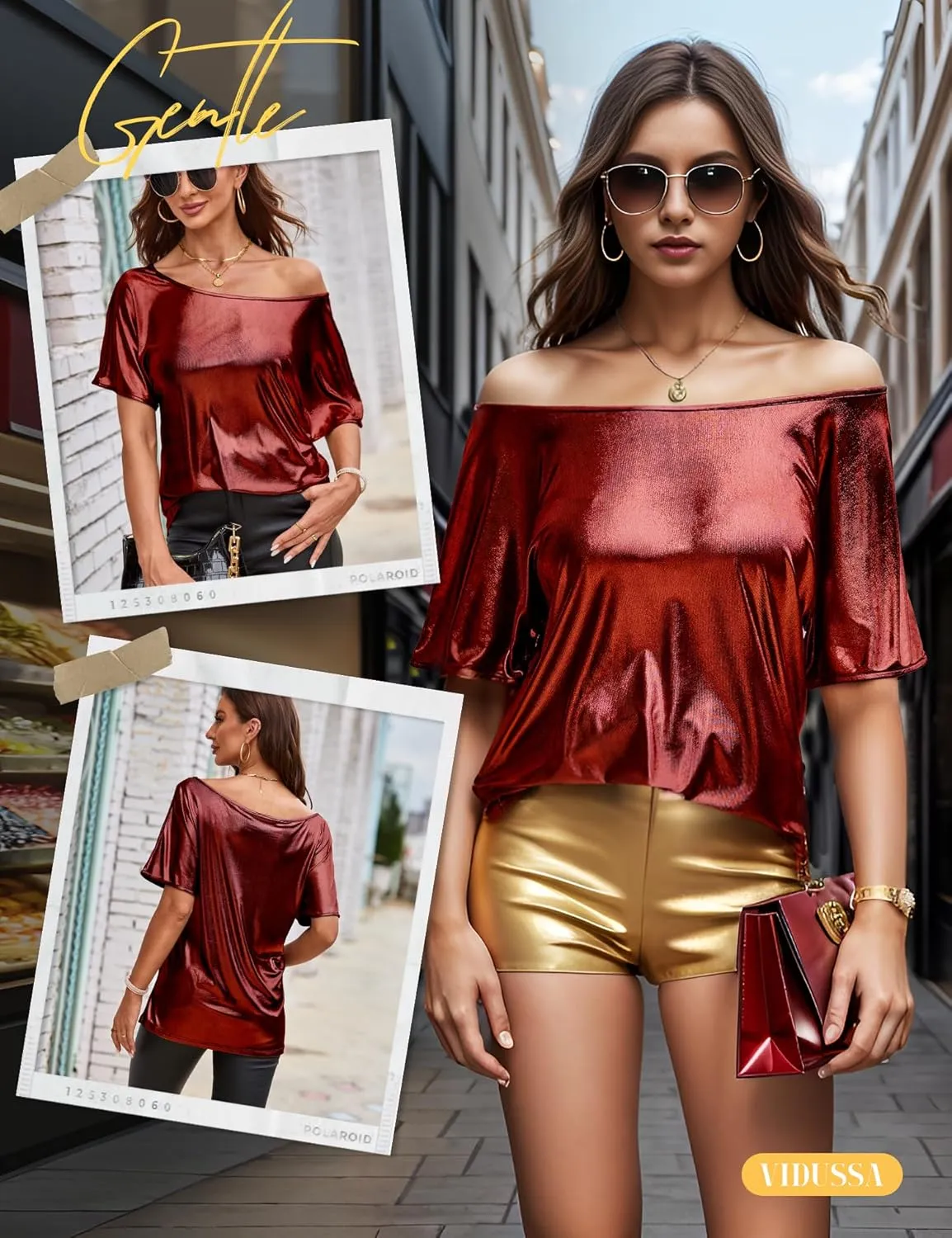 VIDUSSA Women's Off Shoulder Tops Sequin Sparkly Glitter Casual Loose Shirts Short Sleeve Tunic Blouses