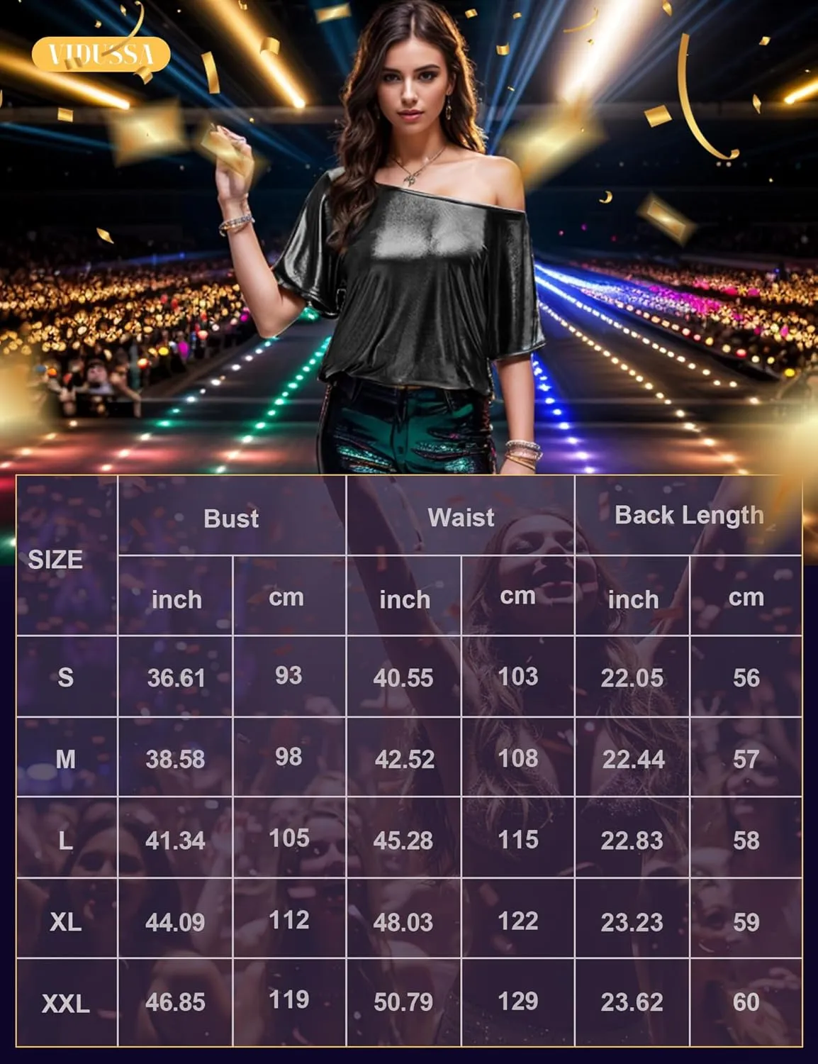 VIDUSSA Women's Off Shoulder Tops Sequin Sparkly Glitter Casual Loose Shirts Short Sleeve Tunic Blouses