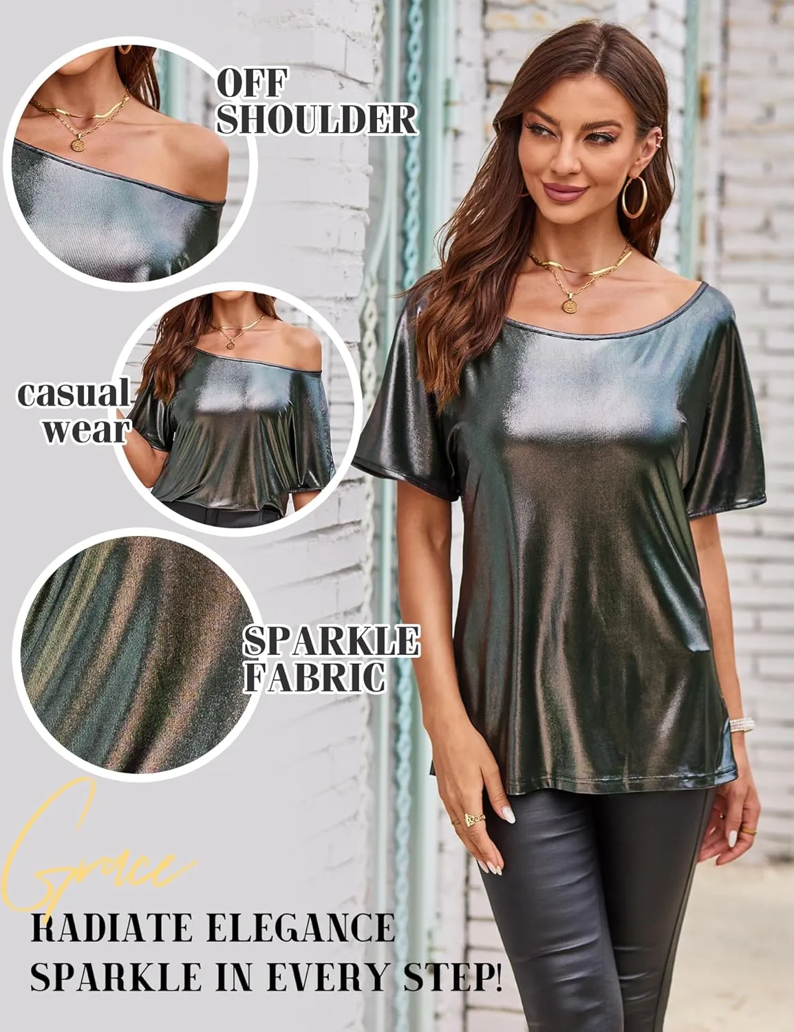 VIDUSSA Women's Off Shoulder Tops Sequin Sparkly Glitter Casual Loose Shirts Short Sleeve Tunic Blouses