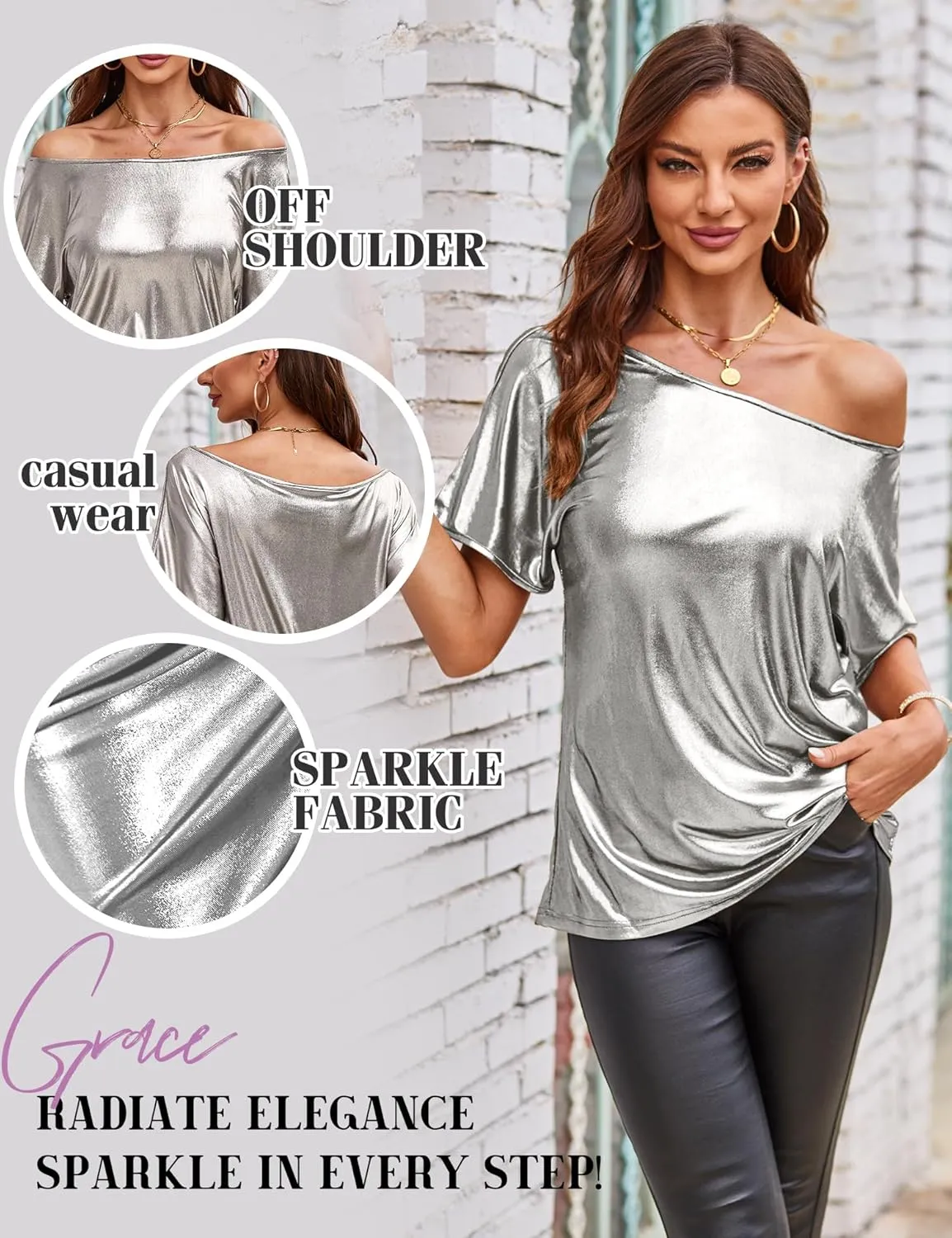 VIDUSSA Women's Off Shoulder Tops Sequin Sparkly Glitter Casual Loose Shirts Short Sleeve Tunic Blouses