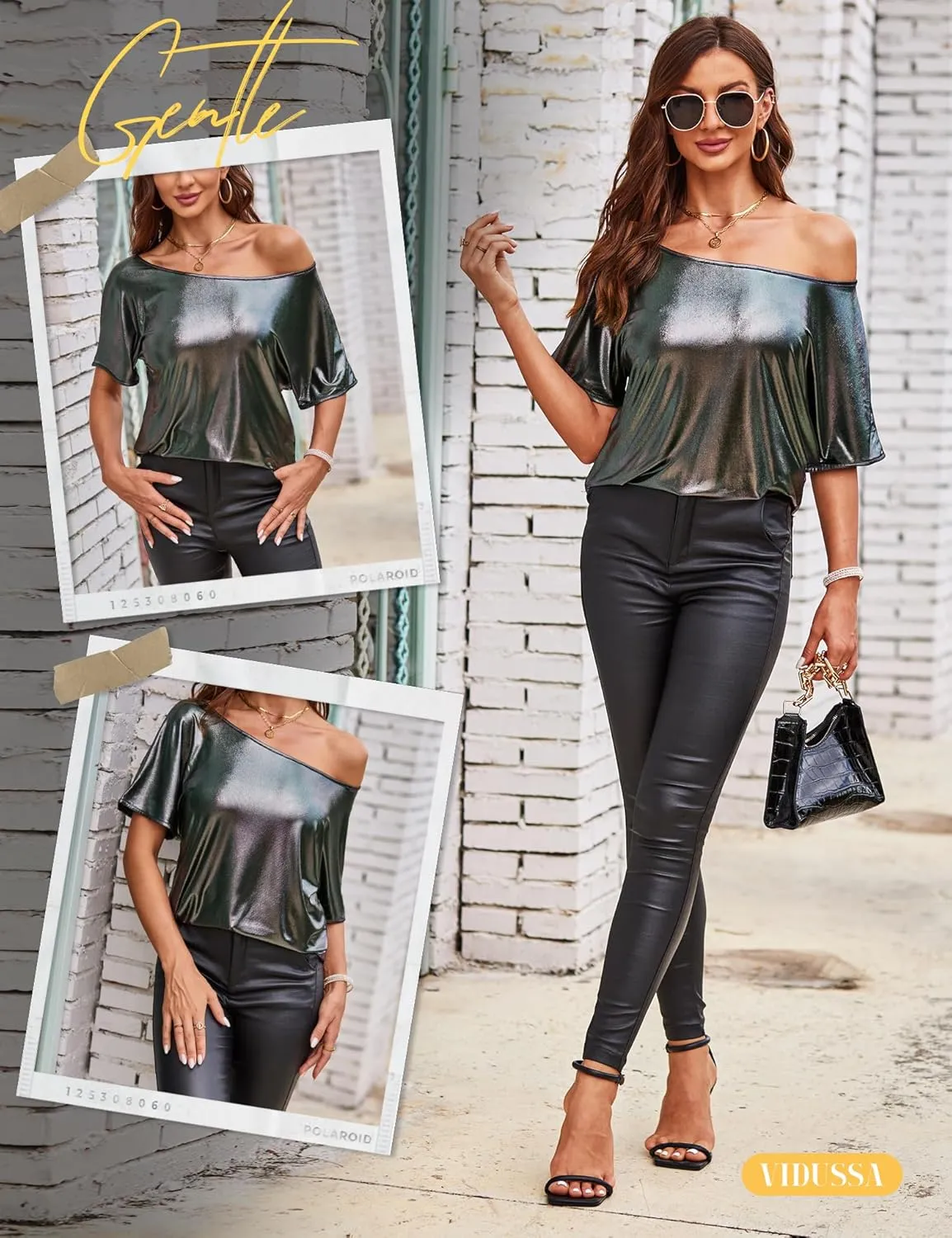 VIDUSSA Women's Off Shoulder Tops Sequin Sparkly Glitter Casual Loose Shirts Short Sleeve Tunic Blouses