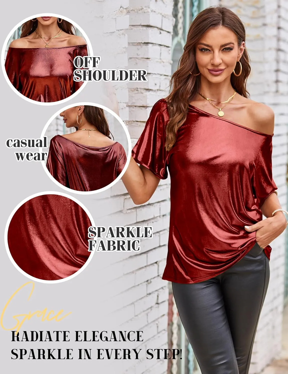 VIDUSSA Women's Off Shoulder Tops Sequin Sparkly Glitter Casual Loose Shirts Short Sleeve Tunic Blouses