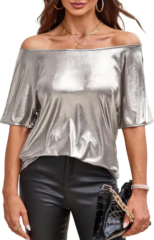 VIDUSSA Women's Off Shoulder Tops Sequin Sparkly Glitter Casual Loose Shirts Short Sleeve Tunic Blouses