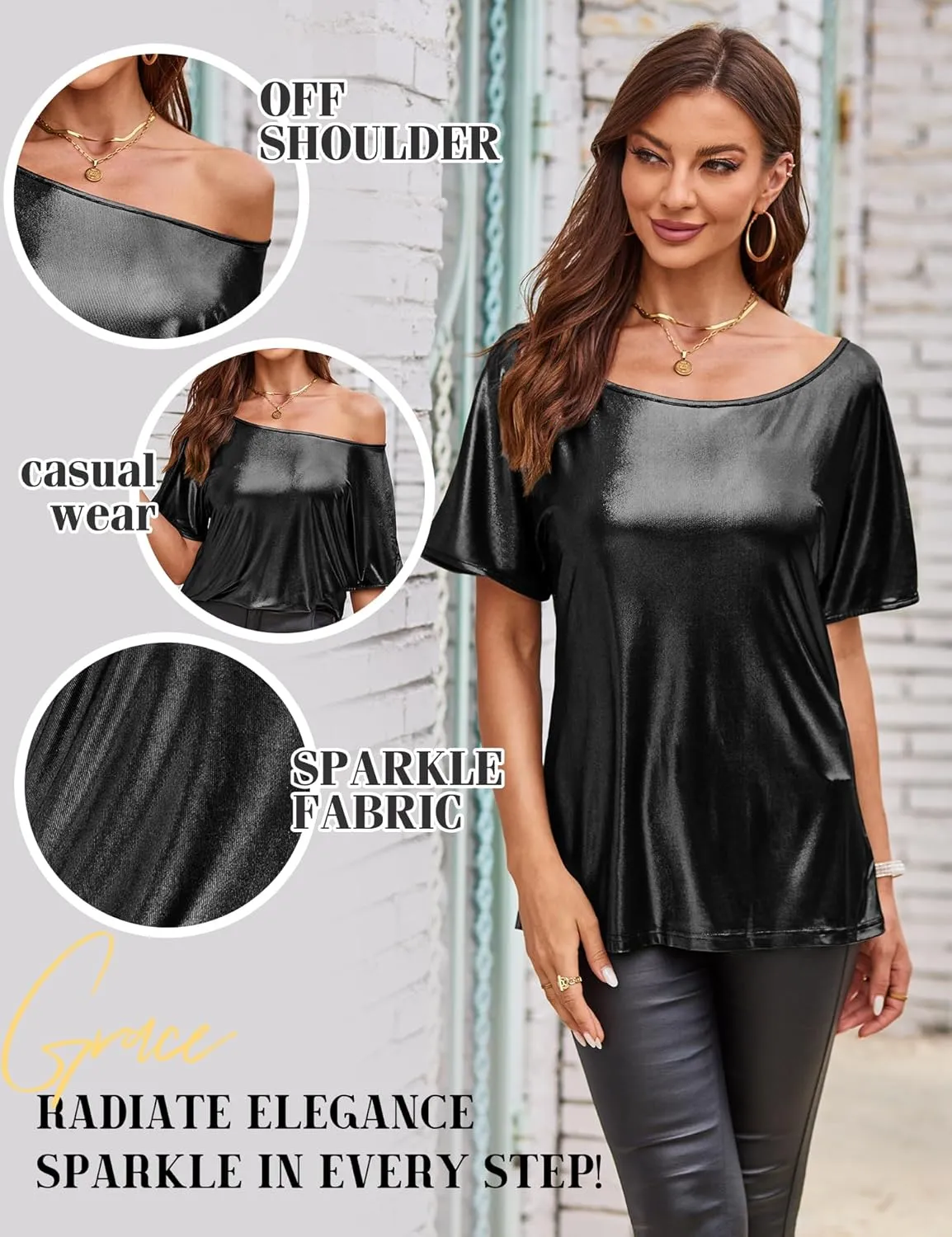 VIDUSSA Women's Off Shoulder Tops Sequin Sparkly Glitter Casual Loose Shirts Short Sleeve Tunic Blouses