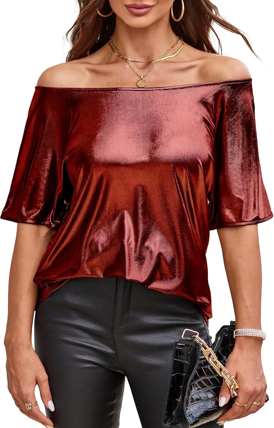 VIDUSSA Women's Off Shoulder Tops Sequin Sparkly Glitter Casual Loose Shirts Short Sleeve Tunic Blouses