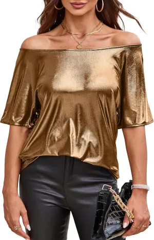 VIDUSSA Women's Off Shoulder Tops Sequin Sparkly Glitter Casual Loose Shirts Short Sleeve Tunic Blouses