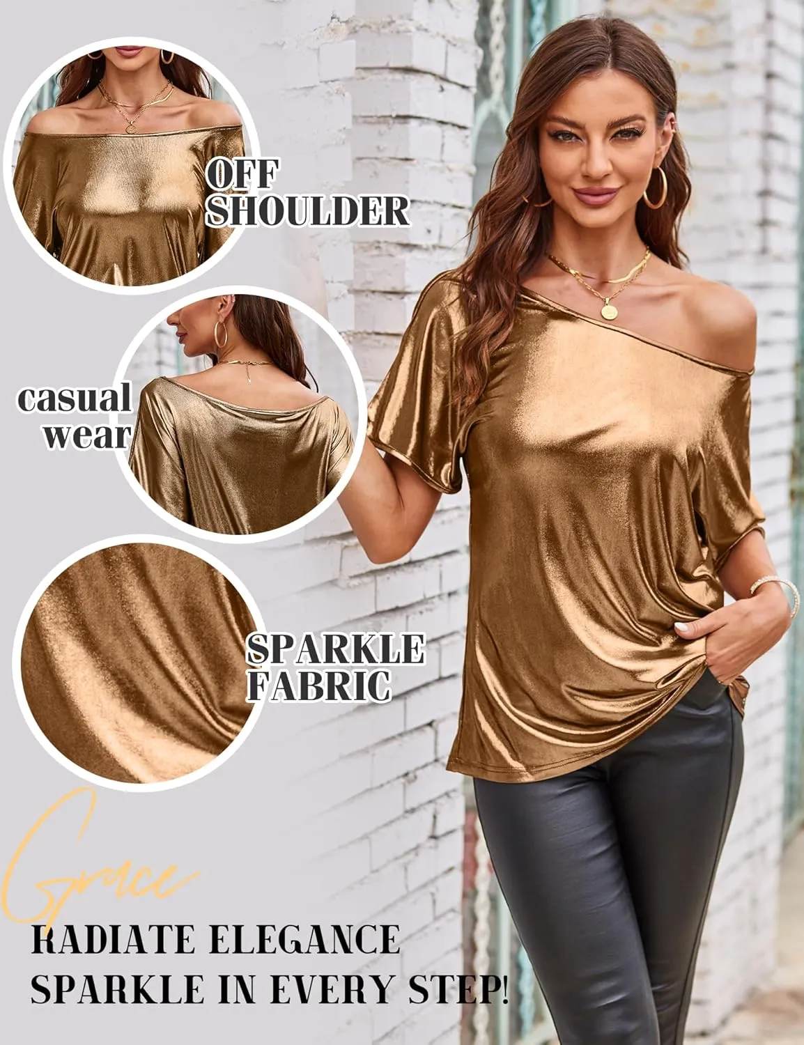 VIDUSSA Women's Off Shoulder Tops Sequin Sparkly Glitter Casual Loose Shirts Short Sleeve Tunic Blouses