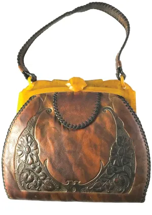 Vintage 1920s Tooled Leather Handbag with Bakelite Frame - New!