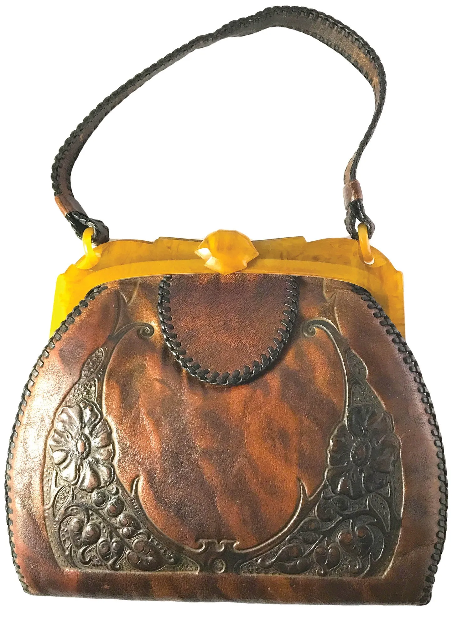 Vintage 1920s Tooled Leather Handbag with Bakelite Frame - New!