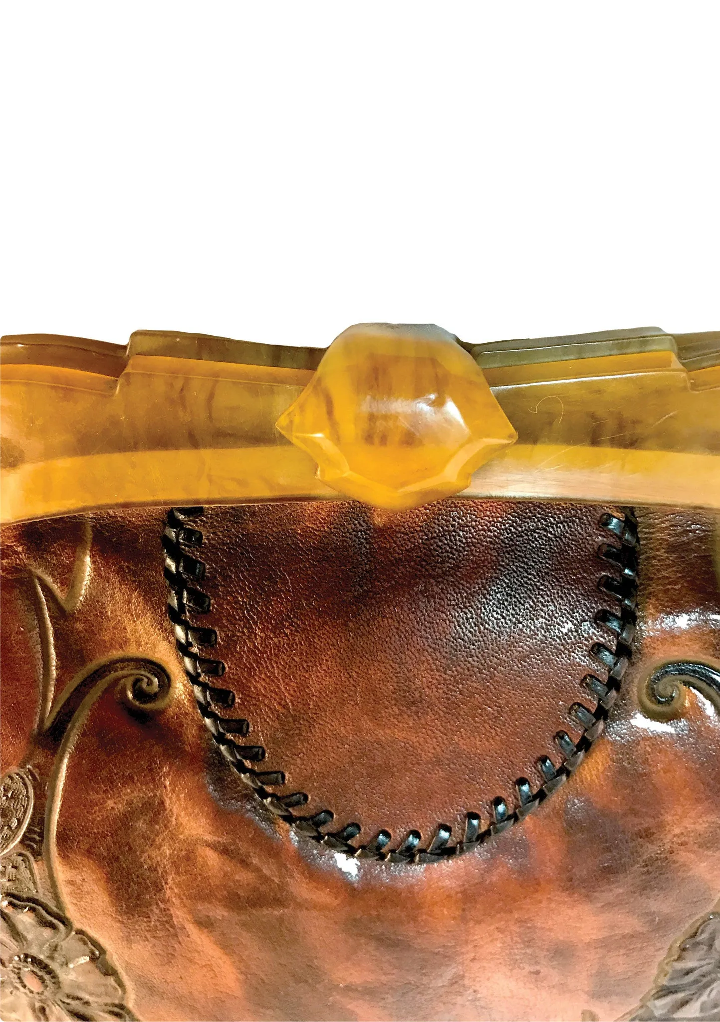 Vintage 1920s Tooled Leather Handbag with Bakelite Frame - New!