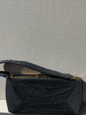 Vintage Cord Pleated Handbag with Gold Clasp