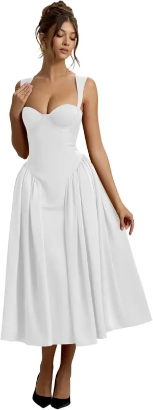 Vintage Corset Bridesmaid Dressses for Women 2025 Satin Long Sweetheart Drop Waist Midi Dress for Party Gowns RO289