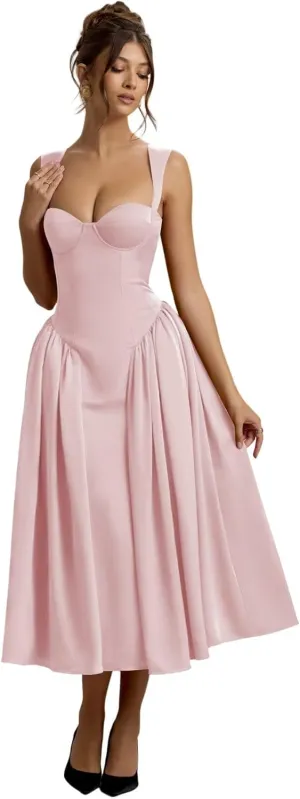 Vintage Corset Bridesmaid Dressses for Women 2025 Satin Long Sweetheart Drop Waist Midi Dress for Party Gowns RO289