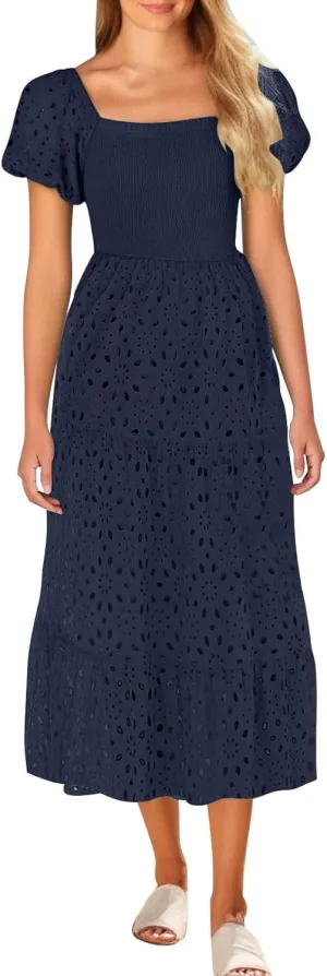 Vintage Floral Hollow Out Pleated Dress for Women Trendy Puff Sleeve Ruffle Hem Maxi Dresses Working Business Wear