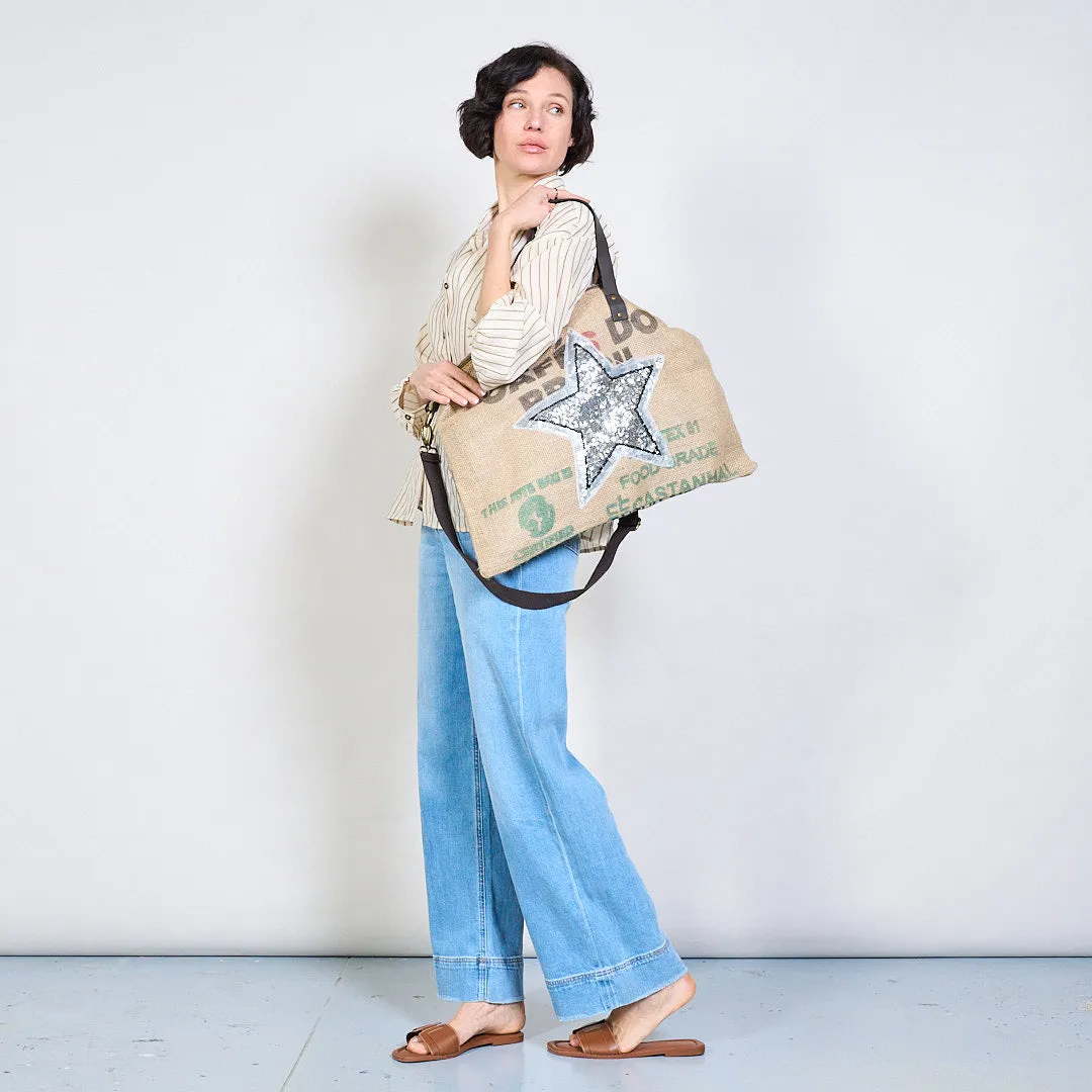 Vintage jute tote bag with sequin star wholesale
