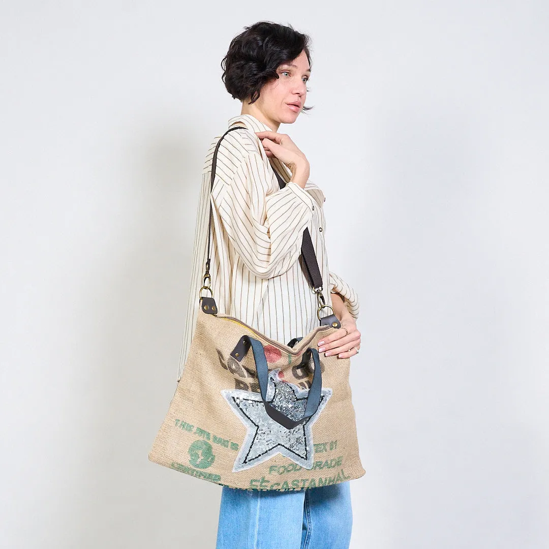 Vintage jute tote bag with sequin star wholesale