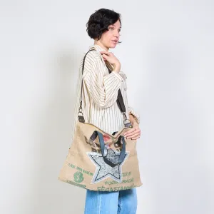 Vintage jute tote bag with sequin star wholesale