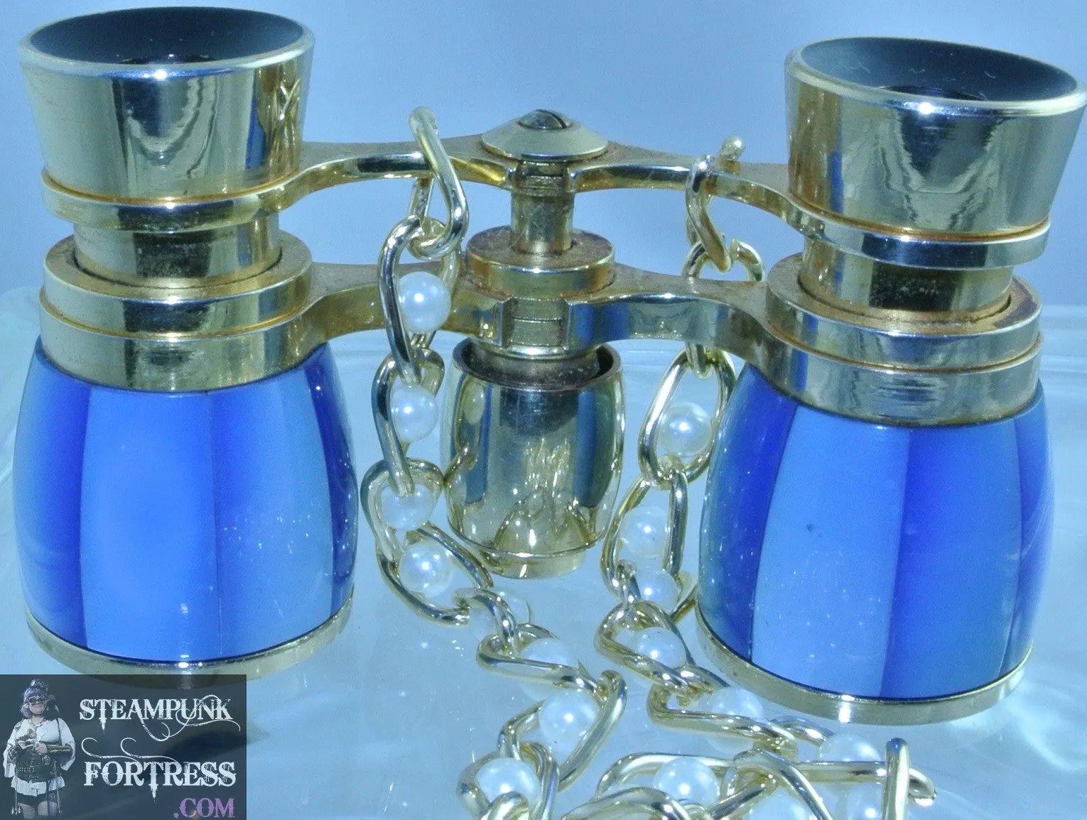 VINTAGE MOTHER OF PEARL MOP ABALONE JASON BINOCULARS OPERA GLASSES BLUE GOLD TRIM PEARL CHAIN STARR WILDE STEAMPUNK FORTRESS